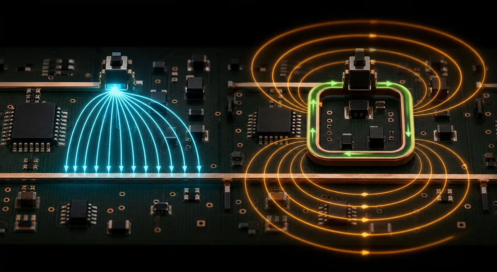PCB 上高 dv/dt 节点的电场耦合与高 di/dt 回路的磁场耦合对比图