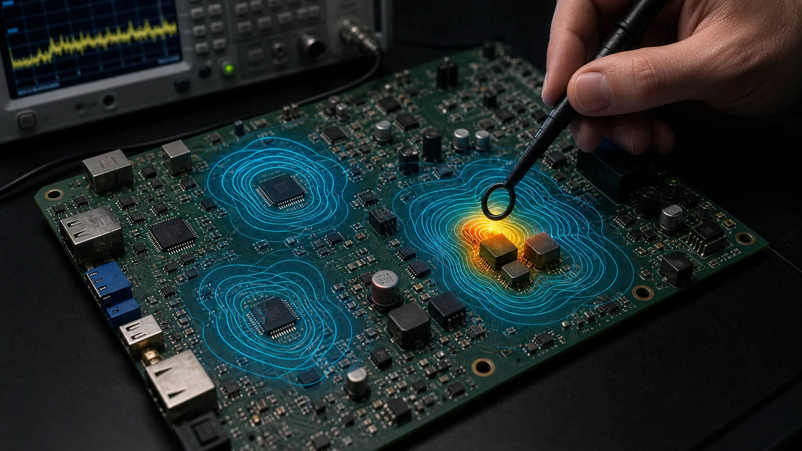 H 场环路探头扫描 PCB 上局部电流回路的概念图